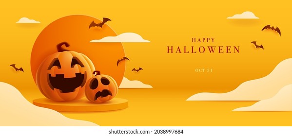 3D Illustration Of Cute Jack O Lantern On A Podium On Halloween Theme  Paper Art Style Of Cloud Scene Background.