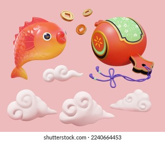 Ilustración 3D de adorables peces koi, monedas vintage. nubes blancas, martillo de suerte japonés aislado en un fondo rosado.