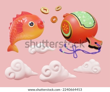 3D Illustration of cute koi fish, vintage coins. white clouds, japanese lucky hammer isolated on pink background.