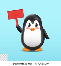 3d illustration cute penguin holding wood banner isolated design