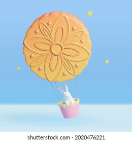 3d illustration of cute rabbit sitting in a hot balloon made of baked moon cake. Concept of mythology of Mid Autumn Festival. Creative Asian element isolated on blue background.