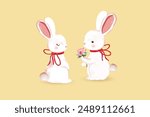 3D illustration of cute rabbits on a light orange background. One rabbit holds a lotus flower branch and gives it to another rabbit.