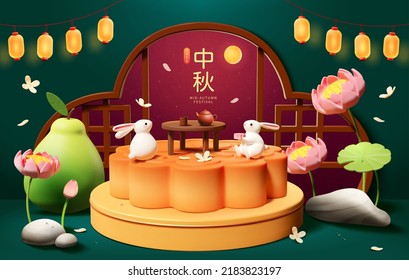 3D Illustration of cute rabbits on big mooncake stage watching full moon through Chinese window frame with pomelo, lotus and lanterns aside. Translation: August fifteenth. Mid Autumn Festival