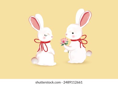 3D illustration of cute rabbits on a light orange background. One rabbit holds a lotus flower branch and gives it to another rabbit.