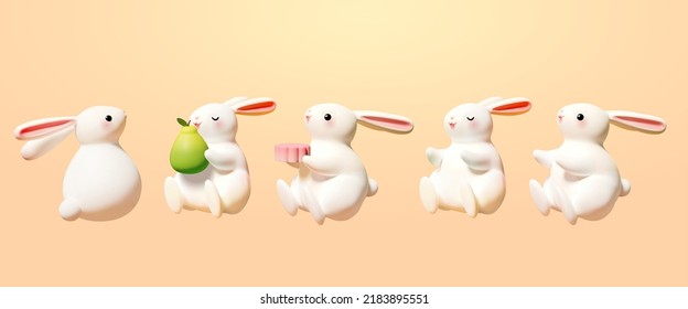 3D Illustration of cute rabbits set on light orange background. A rabbit in back view looking sideways and the others with eyes opened or closed. Two of them holding pomelo and mooncake.
