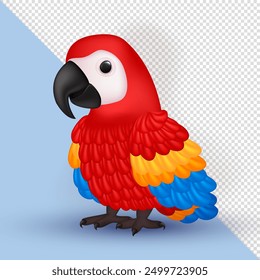 3d Illustration of cute scarlet macaw parrot isolated on transparent background. Three dimensional cartoon playful Ara macao parrot