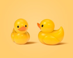 3d Illustration Of Cute Toy Duck Figurines Isolated On Yellow Background