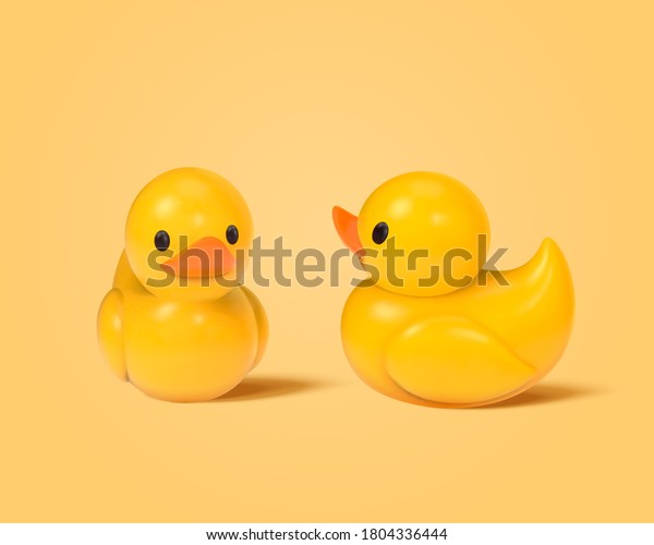 3d illustration of cute toy duck figurines\
isolated on yellow\
background