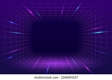 3D Illustration of cyberpunk neon perspective grid space with glowing lines on purple background.