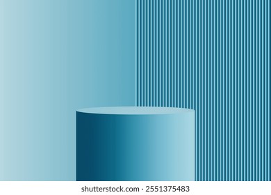 3D illustration of a cylindrical pedestal in the foreground with a smooth gradient blue tone. Pedestal and platform for product presentation