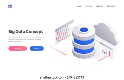 3D Illustration Of Database With Cloud Server And Multiple Website Screens For Big Data Concept Based Responsive Web Banner Or Poster Design.