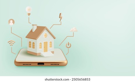 A 3D illustration depicting a smart home setup, featuring a mobile phone with a power button, a house, and various smart technology icons like Wi-Fi, electricity, and user profile, with pastel color