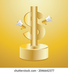 3D-Illustration-Design von Dollar-Währungssymbol und Megaphon ideal für Symbole, Logos, Banner, Unternehmen etc.