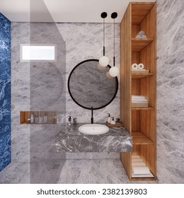 3D illustration design of a luxurious bathroom with blue granite walls