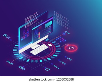 3D illustration of desktop with different programming language on futuristic background for Coding and Programming concept.