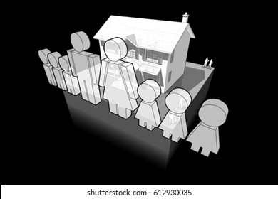 3d illustration of diagram of a classic colonial house and family sign composed of man and wife and six children