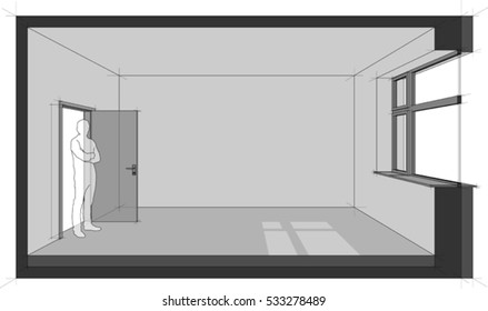 3d illustration of diagram of a empty room with door and window and standing man in the opened door