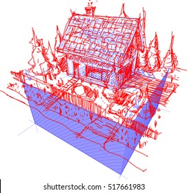 3d illustration of diagram of a framework construction with hand drawn sketch of simple detached house with fence and trees and car