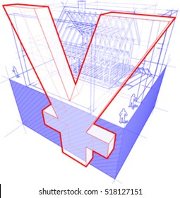 3d illustration of diagram of a framework construction of a detached house with 3D dimensions and yen or yuan currency sign