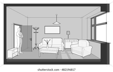 3d illustration of diagram of a single room furnished with sofa, chair, table, cabinets, ceiling lamp, cloths hanger and painting on the wall