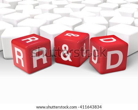 3d illustration dice with word R and D research and development on white background