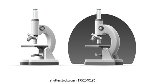 3d illustration of different sides of gray microscope on an isolated background. Cartoon vector template. Chemical laboratory research. Medical equipment. Education technology concept.