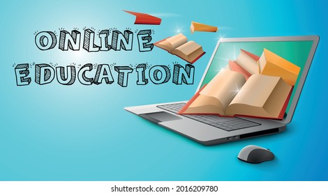 3D Illustration Digital Lecture Online Education blank space book and graduate  on laptop  website background. social distance concept
