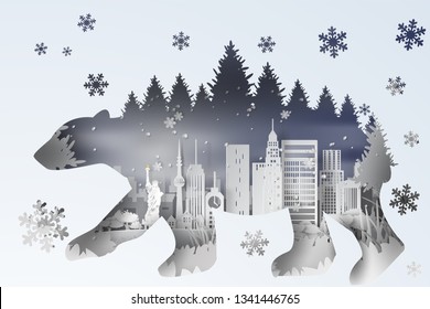 3D illustration digital Paper art of forest in New York City USA. landscape snowy with polar bear curve shadow concept,White Cityscapes and forest snow view scene,Paper cut creative design idea,vector