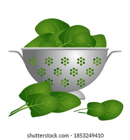 3D illustration of a dish rack full of spinach - preparing vegetables before cooking them.