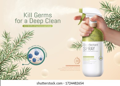 3d illustration of disinfectant spray ad template, realistic hand holding trigger spray bottle decorated with tea tree leaves and floating bubbles