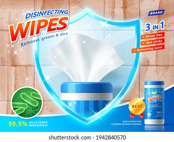 3d illustration of disinfecting wipes ad template. Wet wipe mock up framed by blue shield to protect against harmful microbes and dirty grease.