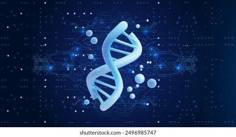 3D illustration of a DNA strand with digital circuit elements on a dark blue background, symbolizing biotechnology and genetic engineering.  Science and tech. Vector illustration