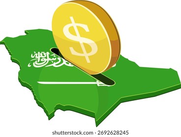 3D illustration of a dollar coin being inserted into a slot on the map of Saudi Arabia (flag colors). Symbolizes investment or finance.
