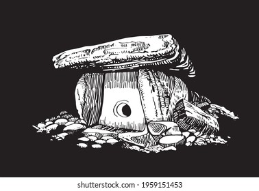 3D illustration of dolmen on black backgound,ruins