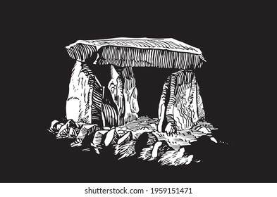 3D illustration of dolmen on black backgound,ruins