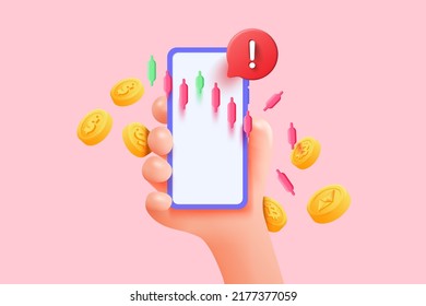 3D Illustration downtrend candle sticks with warning on mobile phone holding hand. Downtrend stock and crypto currency investment situation concept. 3d Vector Illustration svg