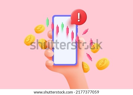 3D Illustration downtrend candle sticks with warning on mobile phone holding hand. Downtrend stock and crypto currency investment situation concept. 3d Vector Illustration