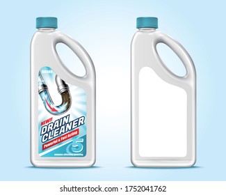 3d illustration of drain cleaner bottle mock-up, isolated on light blue background