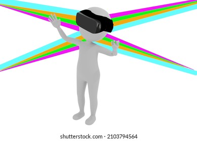 3D Illustration - A dreaming 3D man with VR goggles. There are colored rays into the direction of the VR goggles. The background is isolated on white.