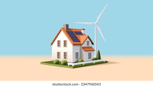 3d Illustration of an eco friendly modern house using renewable sources of energy like windmill and solar panels