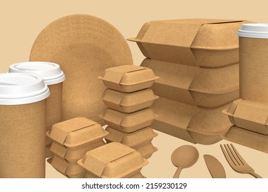 3D Illustration - Eco-friendly dishes and food packagings.