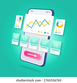 3d Illustration E-Commerce Analytics Online Shopping Mobile Application Premium Vector