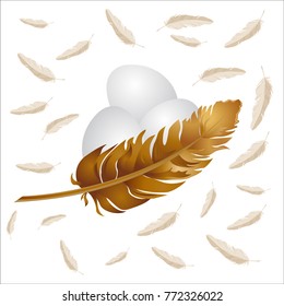 3D illustration of egg and chicken feathers.
An image to promote the eggs of the farm with three eggs huddled in the hollow of a brown feather. Around swirl beige feathers on a white background.