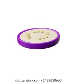 3D illustration of an eggplant halves with purple peel and seeds, side view, on a white background. Ideally conveying the essence of the freshness of a raw vegetable