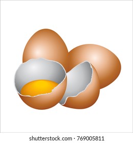 A 3D illustration of eggs to promote quality eggs.
On a white background, two whole beige eggs and a broken egg with a beautiful egg yolk.