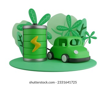 3d illustration. Electric car near the charging station. There is a green leaf behind it. clean energy concept safe for the world