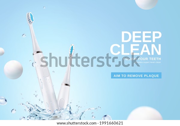 3d illustration of electric toothbrush ads.\
Two electric toothbrushes with water splash and white balls on\
fresh blue background.