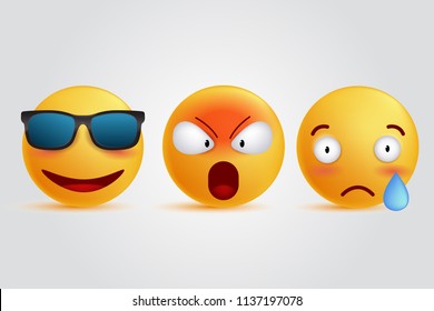 3d illustration emoticon set. smile sad angry cool face expressions, social media reactions vector 