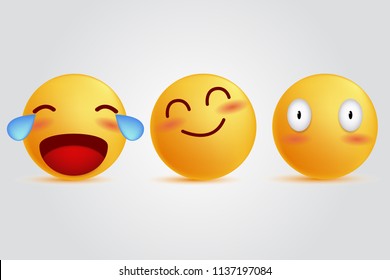 3d illustration emoticon set. smile laugh blush face expressions, social media reactions vector 