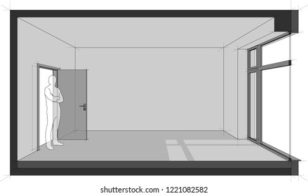 3d Illustration Of Empty Room With Door And Tall Window And Standing Man In The Opened Door